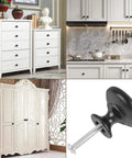 Rustic Matte Black Mushroom Cabinet Knobs 4 Pack for Kitchen Cabinets Bedroom Dresser Drawers Cupboard Hardware displayed on furniture.