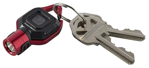 Ultra Compact 325 Lumen USB Rechargeable Keychain Clip Light Red attached to key ring with Pocket Mate flashlight for everyday use