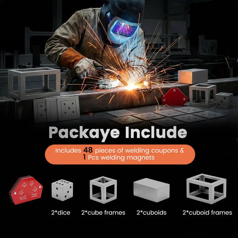 Person welding with 50 Piece Welding Practice Kit With Steel Coupons, Magnetic Clamp, Gloves, Dice Cube for beginners