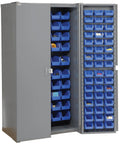 Heavy Duty Deep Door Bin Storage Cabinet Assembled With 156 Blue Plastic Organizers Built Like A Tank For Garage Tools And Shop Gear With Cut Resistant Lock Hasp Real Deal with open doors, showing blue bins inside.