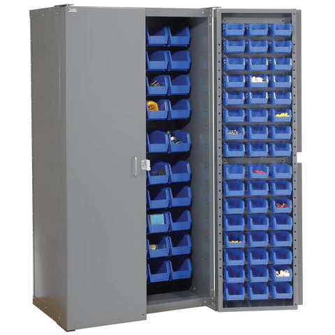 Heavy Duty Deep Door Bin Storage Cabinet Assembled With 156 Blue Plastic Organizers Built Like A Tank For Garage Tools And Shop Gear With Cut Resistant Lock Hasp Real Deal with open doors, showing blue bins inside.