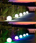 16 Inch Rechargeable LED Glowing Ball Light With Remote Waterproof Orb Lamp Featuring 16 RGB Colors lining a garden path