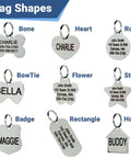 Various shapes of stainless steel pet ID tags with custom engraving, including bone, heart, round, bowtie, flower, star, badge, rectangle, and house.