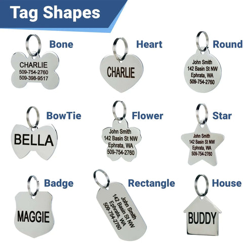 Various shapes of stainless steel pet ID tags with custom engraving, including bone, heart, round, bowtie, flower, star, badge, rectangle, and house.