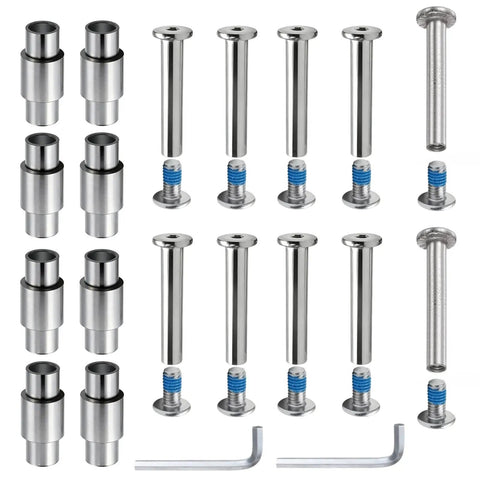 Pro Inline Skate Repair Kit 30 Piece Set With 6mm Aluminum Axles Stepped Bearing Spacers Axle Screws And Hex Wrenches Durable Silver Roller Skate Hardware For 6mm Axles Easy Install Long Lasting Performance components displayed