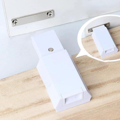 Push To Open Cabinet And Drawer Latches Multipurpose Hardware Accessory for Easy Install, shown on wooden surface with metal plate.