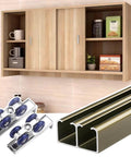 Smooth Glide Cabinet Sliding Door Kit With Double Rails For Kitchen And Wardrobe Interior Bypass Barn Door Hardware Wall Mount System For 36 48 Or 60 Inch Openings Champagne Finish Includes 4 Rollers And Aluminum Track shown installed in kitchen cabinet setup with visible double rails and rollers.