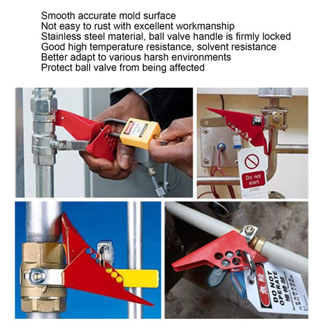 Heavy Duty Ball Valve Lockout Device For Industrial Piping Safety And Padlock Mount Suitable For Dn8 To Dn50 Pipes secured on pipelines, showing stainless steel build.