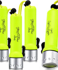 4 Pack 1000 Lumen T6 LED Diving Flashlights with lanyards, waterproof, green, ABS and aluminum, displayed upright with dive symbols.