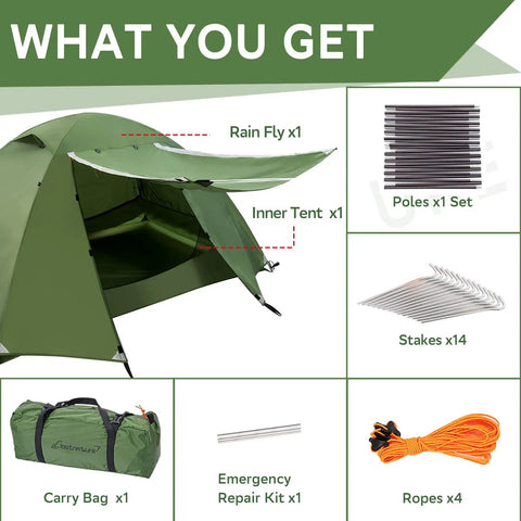 Ultralight 2 Person Backpacking Tent For Family Adventures Waterproof Three Season Camp Shelter with components displayed