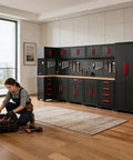Game Changing Garage Cabinet Organization 17 Piece Workshop Storage Setup with black and red rolling tool drawers in a bright garage.