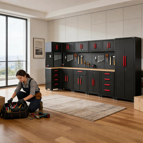 Game Changing Garage Cabinet Organization 17 Piece Workshop Storage Setup with black and red rolling tool drawers in a bright garage.