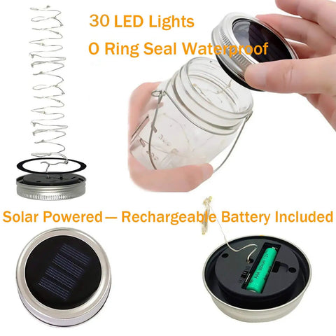 Lit Solar Mason Jar Lights 4 Pack With 30 LEDs Starry Fairy String Hanging Jar Lights showing components and solar lid design