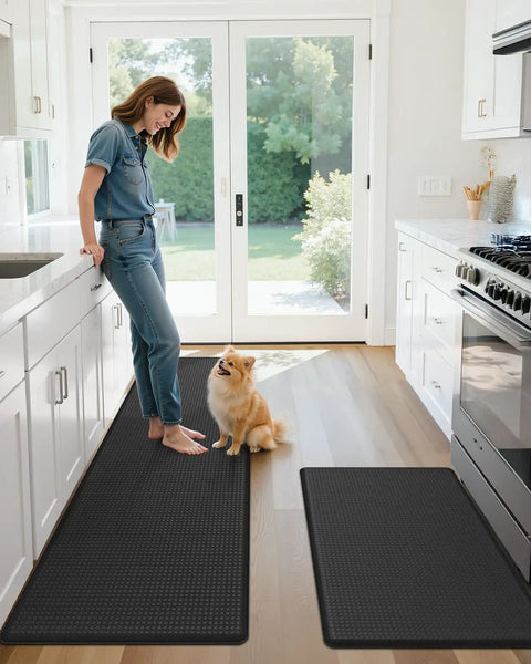Anti Fatigue Kitchen Mat Set Of 2 Cushioned Foam Rubber Runner Mats 24 By 59 Inch And 24 By 94 Inch Waterproof Oil Proof No Slip Easy Clean Front Sink Standing Comfort in kitchen setting.