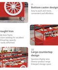 Kickass Rolling Cart With Red Striped Canopy And Wide Iron Top Heavy Duty Portable Vendor Stand On Smooth Casters With Lower Shelf for street food with bottom casters and large countertop.