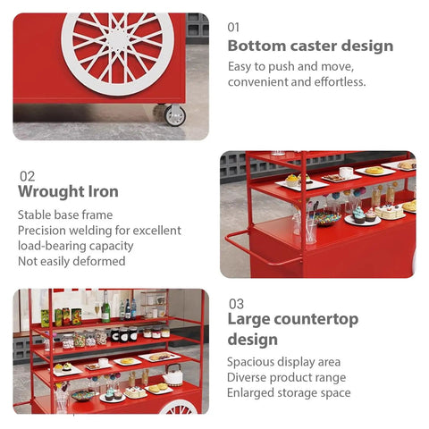 Kickass Rolling Cart With Red Striped Canopy And Wide Iron Top Heavy Duty Portable Vendor Stand On Smooth Casters With Lower Shelf for street food with bottom casters and large countertop.