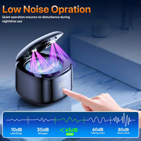 Silent 49KHz Ultrasonic Retainer Cleaner Pod With 220ML Capacity Digital Timer in black with UV lights and noise levels