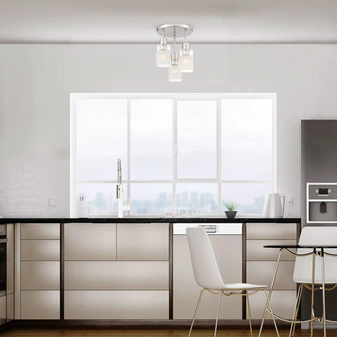 Cedar Lane 3-Light Semi Flush Mount Ceiling Light Dope Brushed Nickel 11 Inch Indoor Fixture in modern kitchen setting.