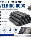 Low Temperature Universal Welding Rod Kit for DIY Brazing and Soldering, 12pc set, stacked rods close-up and usage demonstration.