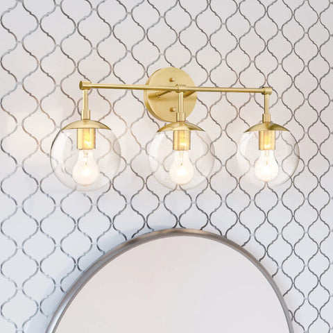 Gracelyn Satin Gold 3-Light Bathroom Vanity Light with Clear Seedy Glass Globes, Dimmable, Modern Bath Fixture Above Vanity Mirror