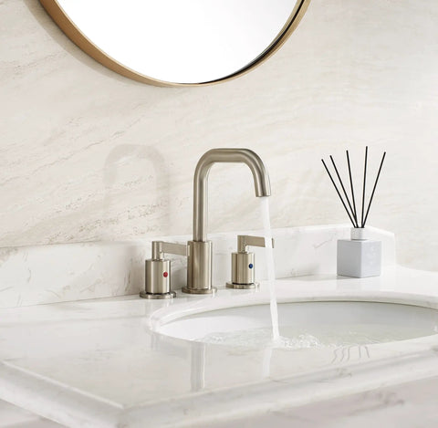 Brushed Gold Sleek 8 Inch Widespread Bathroom Faucet With Two Handles High Arc Spout Pop Up Drain 3 Hole Vanity Sink