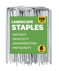 Heavy Duty 6 Inch U-Shaped Landscape Staples Set, 120 Pack, 11 Gauge Galvanized Steel Garden Stakes with packaging