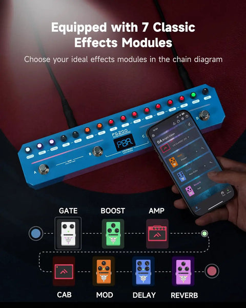 Intelligent Multi Effects Guitar Pedal With 52 Amp Models 16 Cab Simulations 7 Effect Modules And 9 IR Slots shown with phone app.