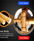 Close-up of Multi Way Brass Shower Mixing Valve With Ceramic Cartridge Cold And Hot Water Diverter for Tub and Overhead Sprayer showing brass body.