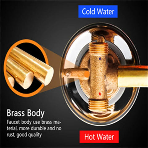 Close-up of Multi Way Brass Shower Mixing Valve With Ceramic Cartridge Cold And Hot Water Diverter for Tub and Overhead Sprayer showing brass body.
