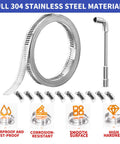 Hose clamp kit, 304 stainless steel with 33 ft strap, 20 fasteners and L-wrench, front view.