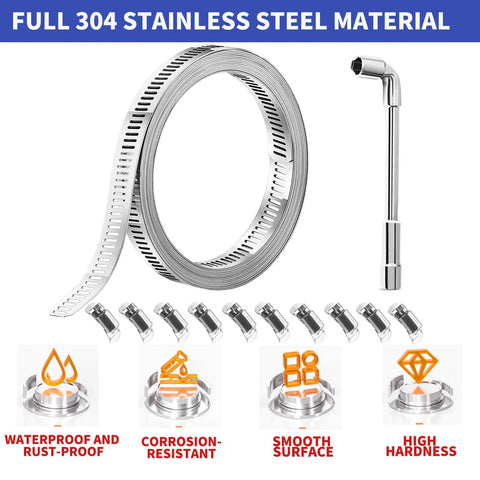 Hose clamp kit, 304 stainless steel with 33 ft strap, 20 fasteners and L-wrench, front view.