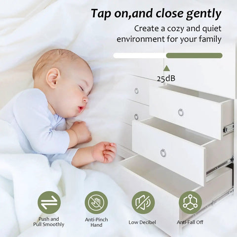 Sleeping baby next to open drawers, highlighting soft close 14 inch drawer slides full extension ball bearing runners for cabinets.