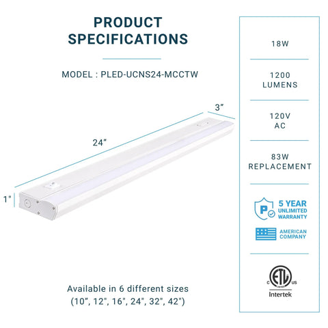 Under Cabinet LED Light Bar 24 Inch 18W 5CCT Color Selectable 2700K 3000K 4000K 5000K 6000K Dimmable 120V ETL Listed