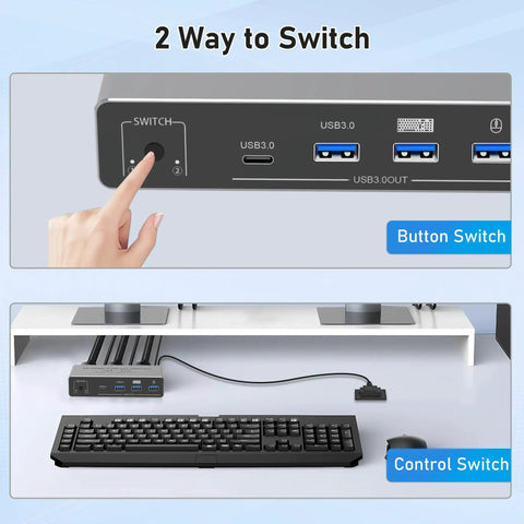 Level Up Your Desk Game With This Sick 8K Hdmi And Displayport Kvm Switch Plug Into Two Screens And Two Rigs Smoothly Featuring Hassle Free One Touch Toggling Four Usb Three Zero Ports And Clean Extended Monitor Sharing showing button and control switches.