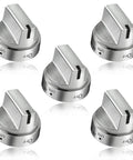 Stainless Steel Gas Stove Knob Replacement 5 Pack Fits Compatible Ranges D Shaped Hole 0.59 Inch Deep 15mm Bold Off Lo 1 2 3 4 5 6 7 8 9 Hi Lite Markings Durable Not Universal Stove Knobs shown from above.