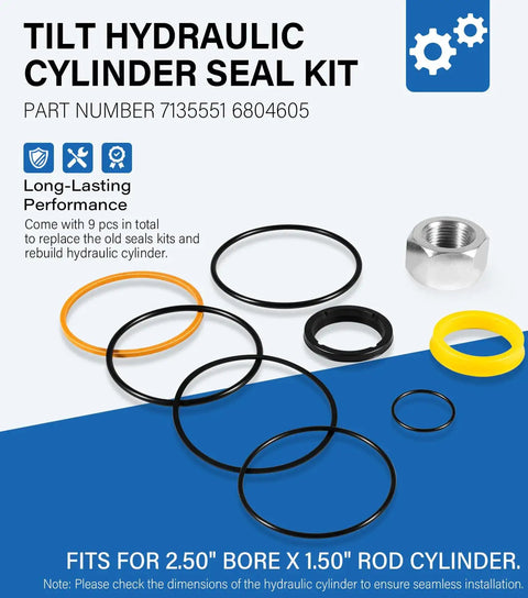 Tilt Hydraulic Cylinder Seal Kit For Skid Steer Loaders Pro Grade Beefed Up Heavy Duty Replacement For 630 631 632 641 642 643 645 653 730 731 732 741 742 743 751 753 7753 843 853 Direct Replacement For 7135551 with various seals and components displayed