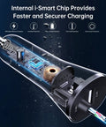 Internal view of Heavy Duty iPhone Car Charger Featuring Coiled Lightning Cable And Extra Usb Dock MFi Certified Rapid Power Adapter.