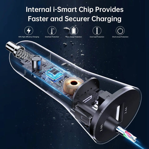Internal view of Heavy Duty iPhone Car Charger Featuring Coiled Lightning Cable And Extra Usb Dock MFi Certified Rapid Power Adapter.