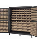 Jumbo Beige Storage Cabinet With 264 Ivory Bins For Slick Closet Organization And Heavy Duty Home Storage Solutions, open view.
