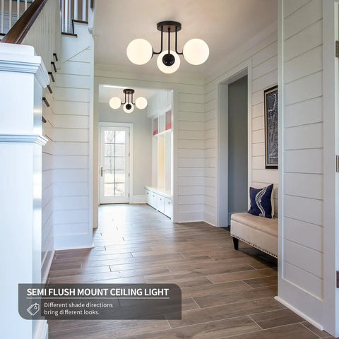 Entryway with Three Light Mid Century Matte Black Semi Flush Ceiling Light With Opal Milk Glass Globes, LEDs Included, 110-240V E26