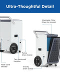 260 Pints Commercial Dehumidifier With Pump And Drain Hose For Basements And Large Spaces Like Warehouses, features labeled