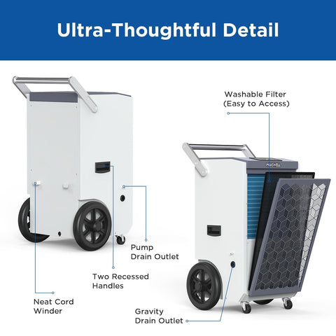 260 Pints Commercial Dehumidifier With Pump And Drain Hose For Basements And Large Spaces Like Warehouses, features labeled