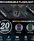 Ultra Bright 155,000 Lumen Rechargeable Flashlight With Zoomable Beam, Six Modes, 1200m Long Throw, charging features
