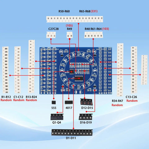 Hands On SMD Soldering Practice Kit To Build A LED Rotating Display With PCB Board layout and components guide.