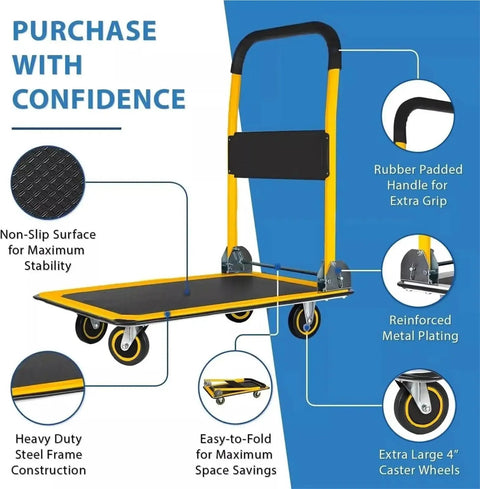 Heavy Duty Folding Hand Truck Dolly With Wheels 330 Lb Capacity No Sweat Easy Move Trolley For Home Warehouse And Office Portable Telescoping Handle For Quick Transport, steel frame, 4-inch wheels