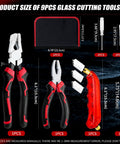 Top Shelf 9 Piece Glass Cutting Kit size illustration showing oil fed scorer, running pliers, nippers, screwdriver and case.