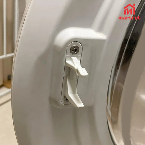 Premium Grade 2 Pack Washer Door Strike Kit White Plastic Replacement For Front Load Machines Smooth Click Every Time Sweet Deal Replaces Part 131763310 Quick Install Swap, close-up of installed striker.