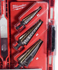Three Piece Milwaukee Cobalt Step Drill Bit Set For Metal And Wood With Sizes 1 4 9, Elongated Dual Flute, Red Coated Bits in package