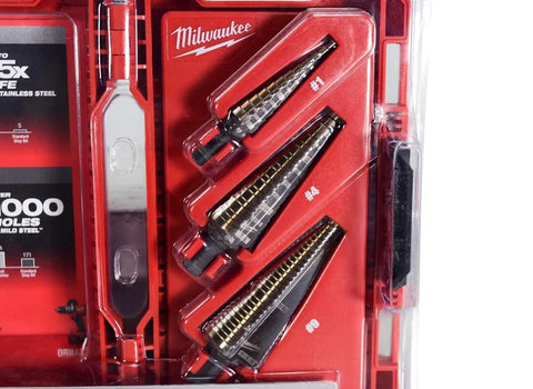 Three Piece Milwaukee Cobalt Step Drill Bit Set For Metal And Wood With Sizes 1 4 9, Elongated Dual Flute, Red Coated Bits in package