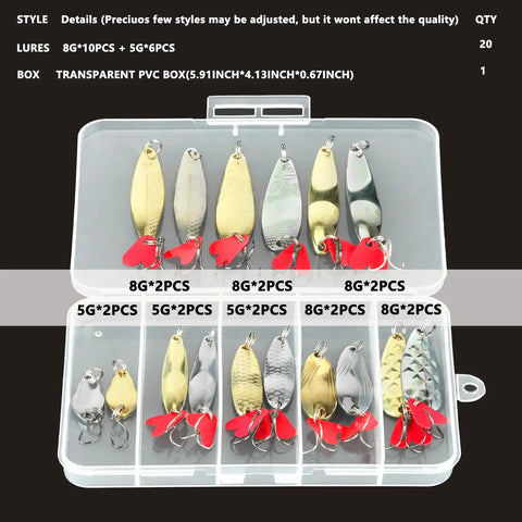 Metal Spoon Fishing Lures Set 16 Pack Saltwater Tackle With Treble Hooks in clear box showing silver and gold spinners